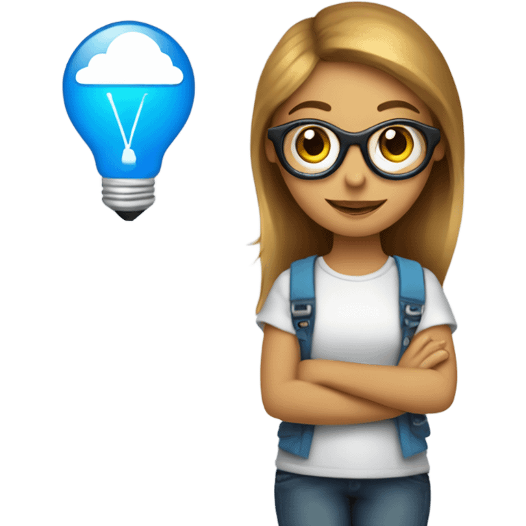 a tech girl with drawing tools, light bulb, cloud, blue heart emoji