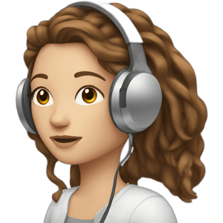 young white woman, brown hair with reflections wearing headphones and editing in computer emoji