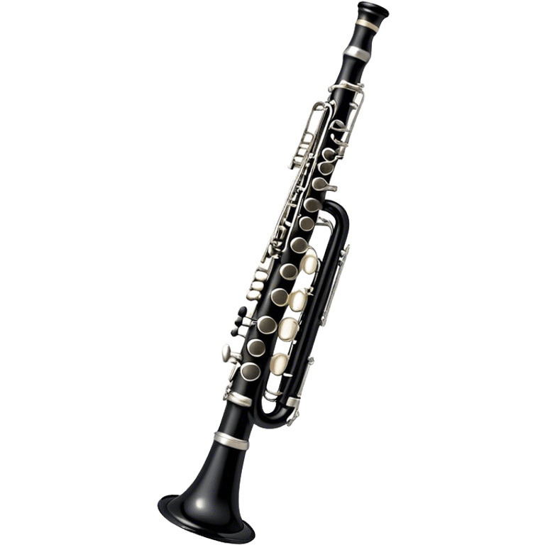 Create an elegant and refined emoji representing A clarinet. The design should showcase the sleek, black wood finish of the clarinet with its shiny metal keys and elegant detailing. Include the distinct, high-quality features, giving it a modern and sophisticated look. Add subtle elements like the mouthpiece with the reed, emphasizing its importance in sound production. Use dark tones like ebony, silver for the keys, and soft light reflections to evoke a professional, classical feel. The background should be transparent. emoji