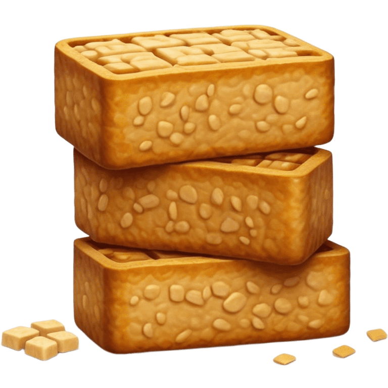 Tempeh Cinematic Realistic Tempeh Dish Emoji, depicted as crispy, sliced portions of fermented soy cake with a golden-brown finish, rendered with detailed textures and warm, inviting lighting. emoji