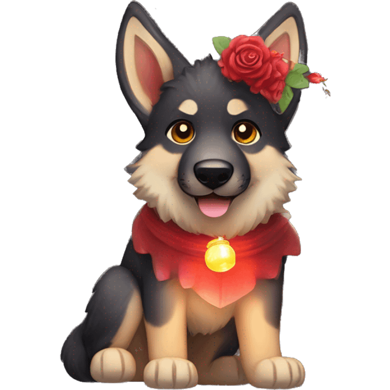 Midnight starry Brindled German shepherd fox carrying glowing red lantern, fairy lights, rose flower crown emoji