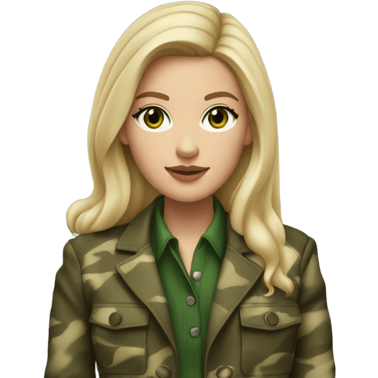 White girl with Long blonde hair and green eyes, camouflage Wool oversize blazer, mini skirt and Brown leather boots  emoji