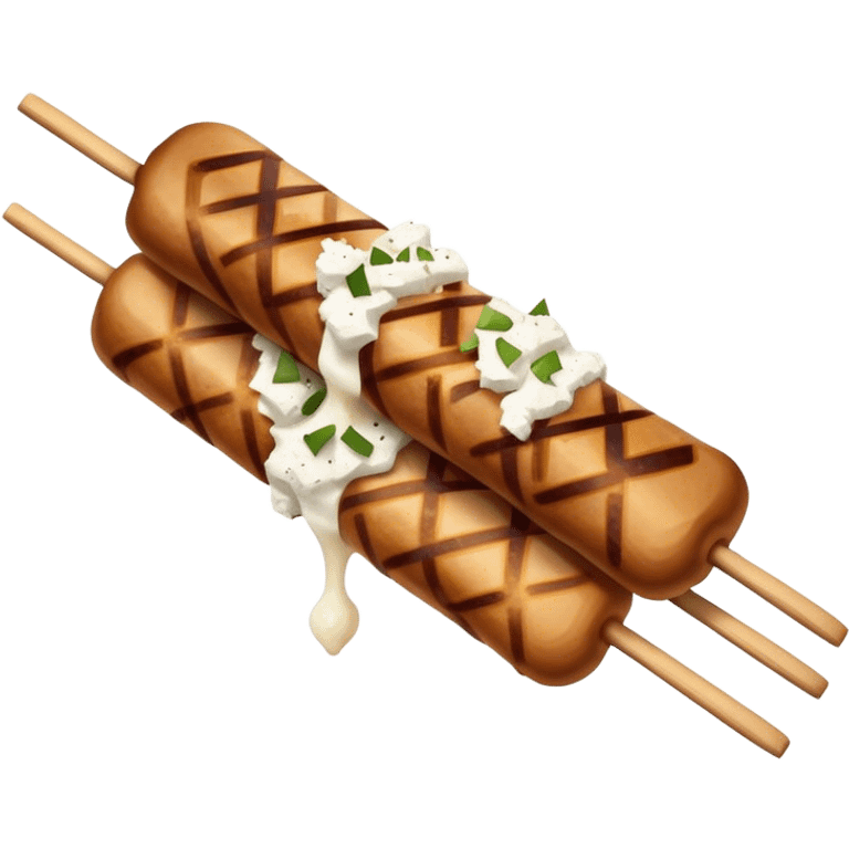 Souvlaki Cinematic Realistic Souvlaki Dish Emoji, depicted as skewered, grilled meat served with a side of crumbled feta cheese, rendered with rich textures and dynamic, appetizing lighting. emoji