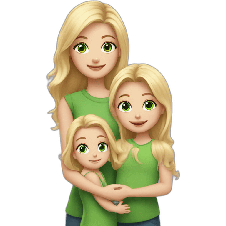 a girl with long blonde hair and green eyes, who is holding 2 babies(1 girl and 1 boy), and a blonde toddler girl is standing nearby emoji