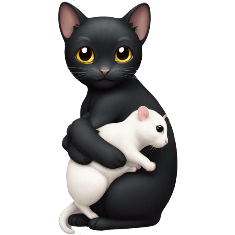 black Cat holding a white hamster in his arms emoji