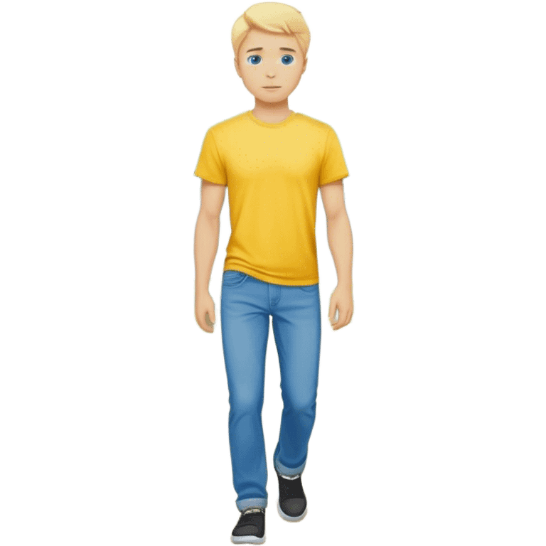 A cinematic realistic blond man with blue eyes, dressed in wide jeans and a yellow T-shirt, walks against a background of trees emoji