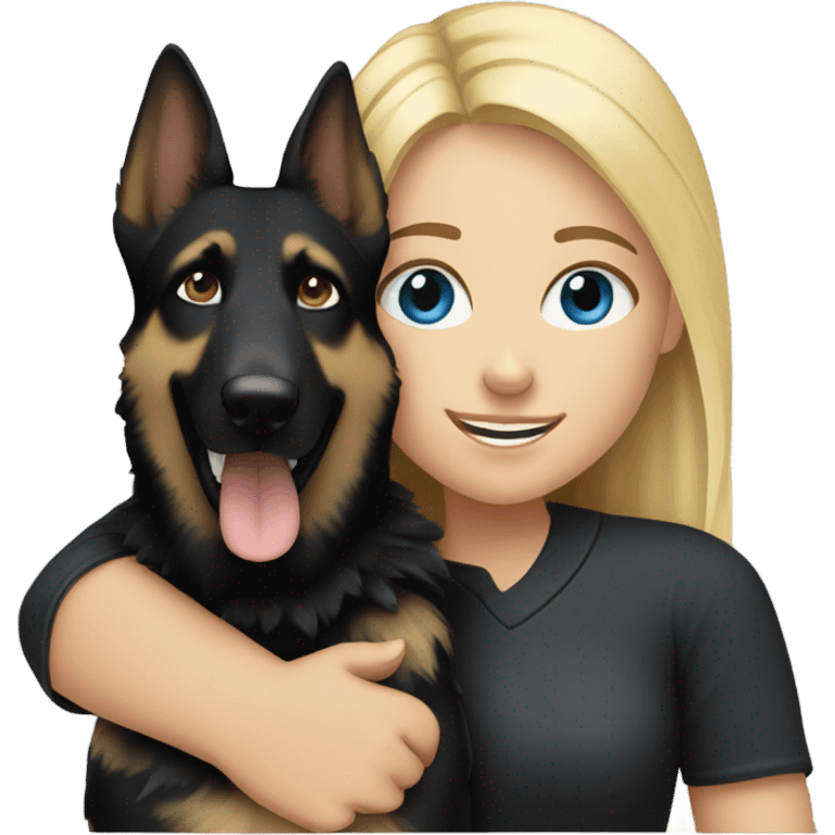 blonde girl who has blue eyes hugging an all black female german shepherd  emoji