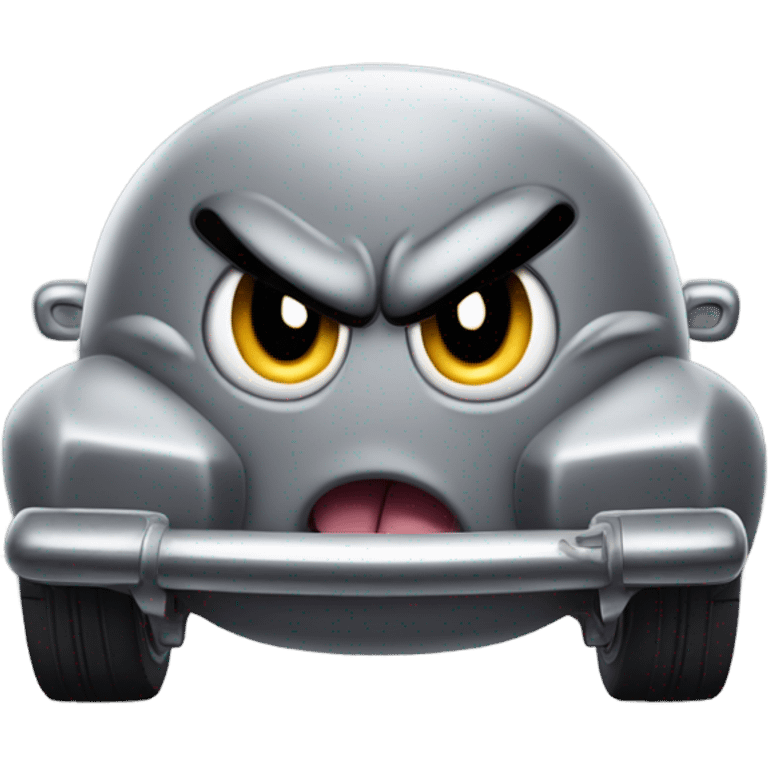 Metal cute mad Kirby bubble Gray ball driving on car wheels with mad eyebrows game emoji