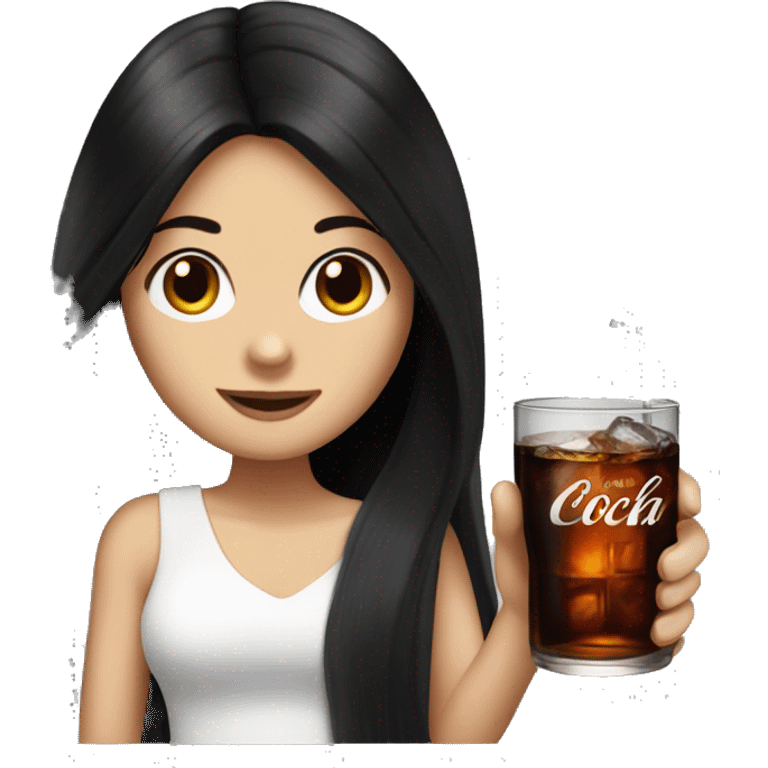 A white girl with long black hair holding a bourbon and Coke emoji