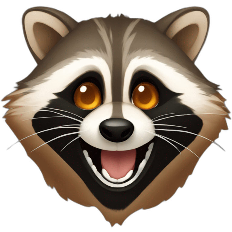 brown raccoon with orange eyes and a dark green hood that is laughing emoji