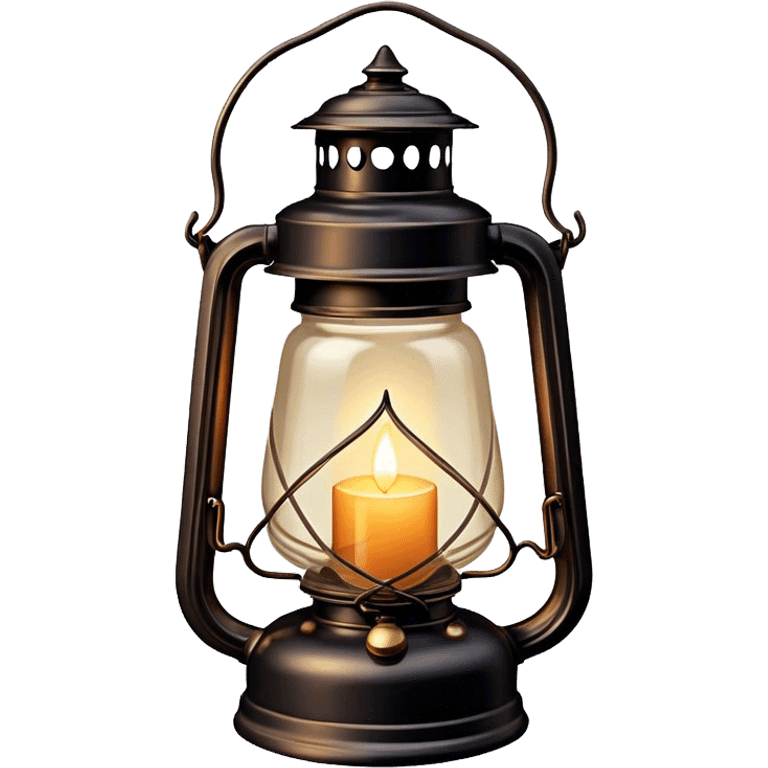 Cinematic Realistic Lantern, an old-fashioned glass lantern with a warm flickering glow, delicate details on the metal handle, softly illuminating the surrounding darkness, glowing with a comforting and nostalgic charm. emoji