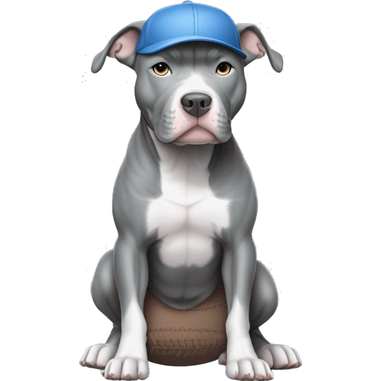 Blue nose pitbull all gray no white in color with blue eyes. Dog must be wearing a baseball hat. Don't generate a body just the head. emoji