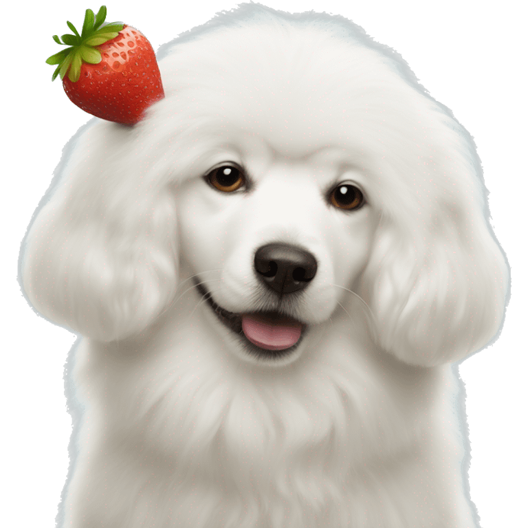 Fluffy white dog with strawberry on its head kissing another fluffy white dog  emoji