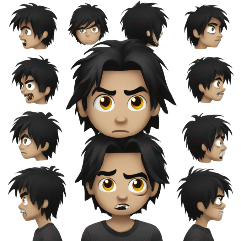 Boy, black hair, medium long, emo, shaggy, zombie, dark, spooky, creepy expression emoji