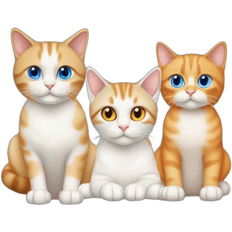 three cats sitting together, one lynx siamese cat with blue eyes, one orange and white tabby cat with yellow eyes, one orange cat with orange eyes emoji