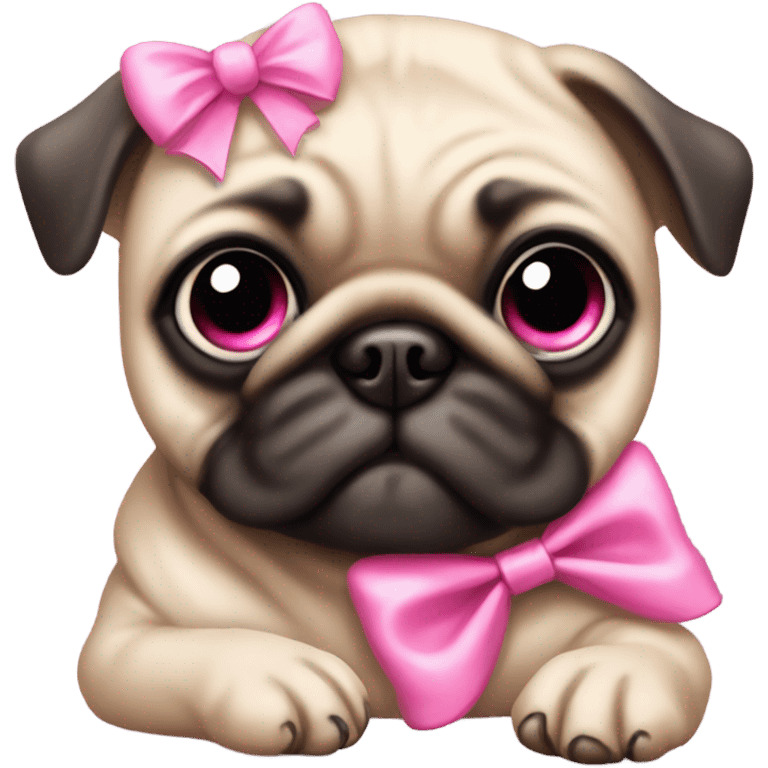 Baby pug with big pink
eyes lying down with a pink bow above 1 ear emoji