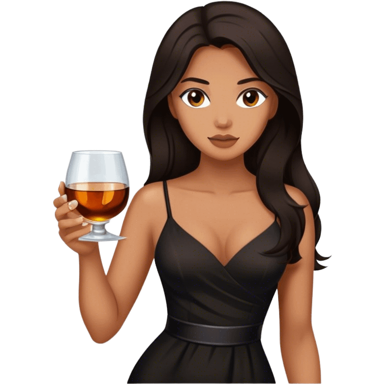 Beautiful woman in 1950’s woman fashion look, black dress, long dark brown hair, whisky with ice emoji