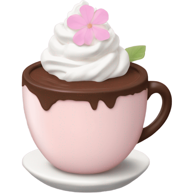 Hot chocolate with pale pink flower and whipped cream emoji