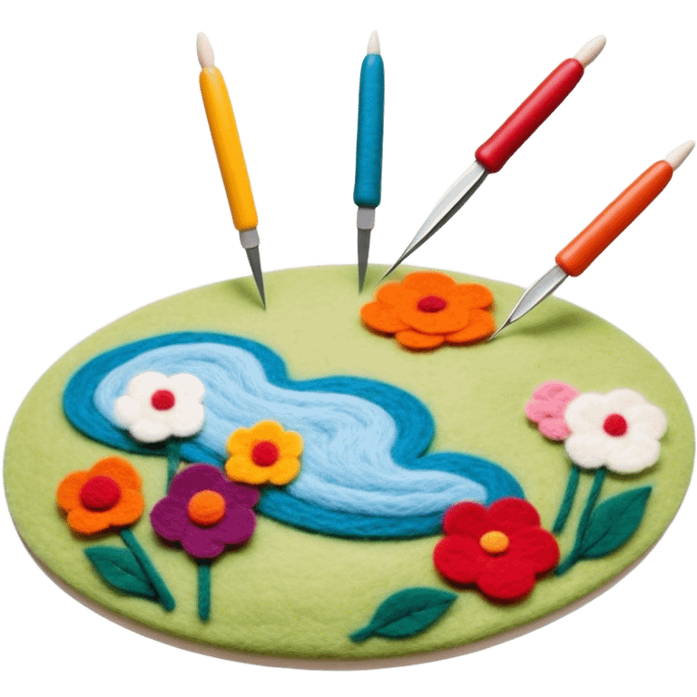 Felt art creation icon, layers of colorful felt being carefully shaped with felting needles into a large picture or decorative design, visible hand tools like felting needles, no finished artwork, just the process of felting, minimalistic style, clean lines, transparent background. emoji