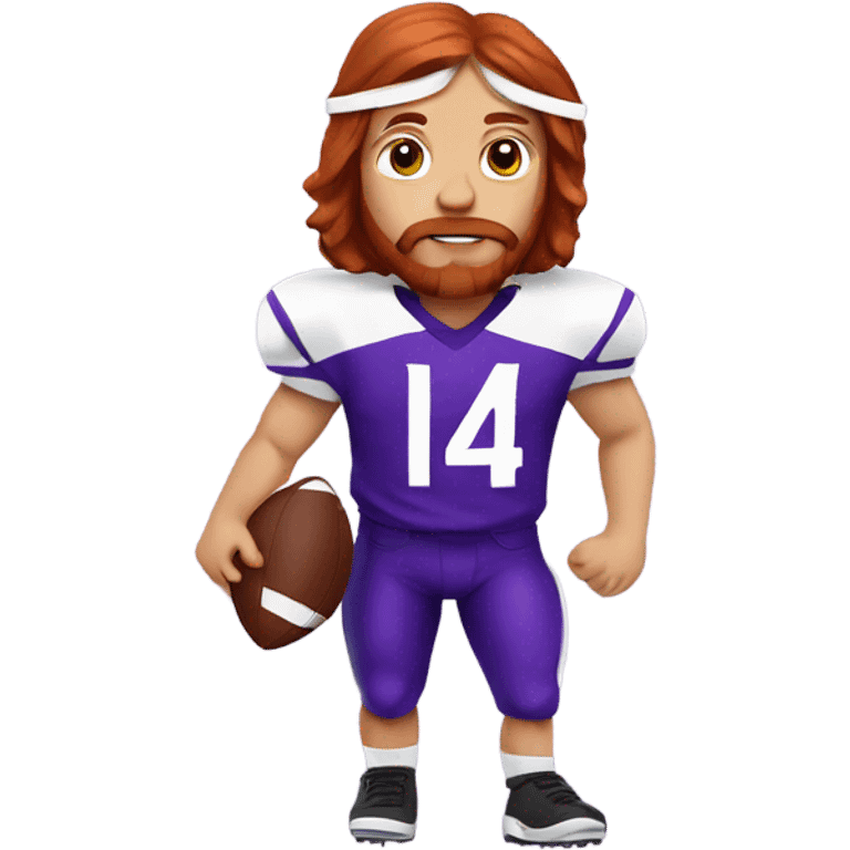 Redhead jesus playing American football wearing purple number 14 emoji