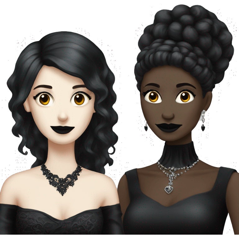 two goth women, black wedding dresses emoji