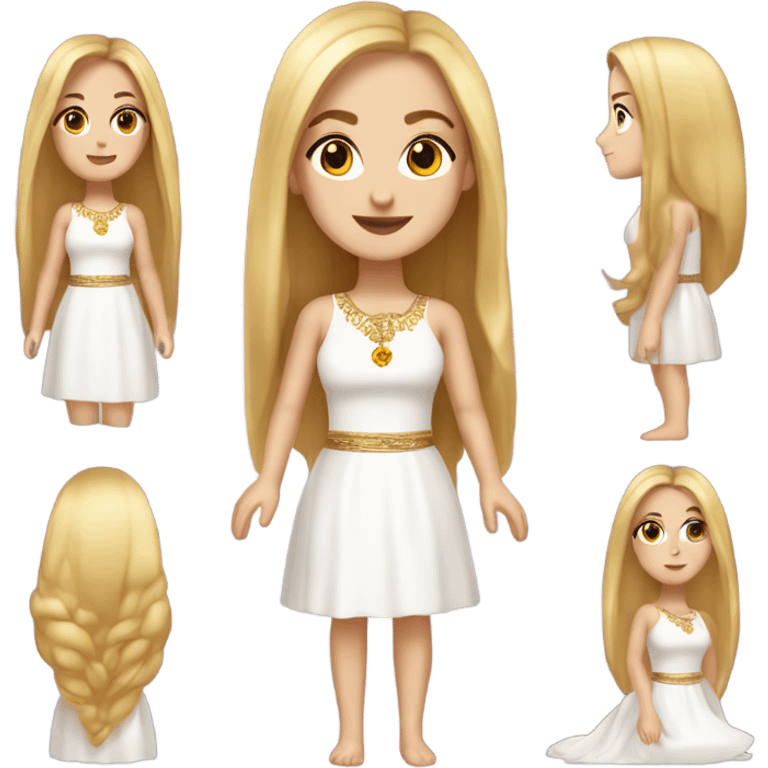 do a white girl with long straight honey hair with dark eyes gold jewelry full bofy, legs arms and a white dress emoji