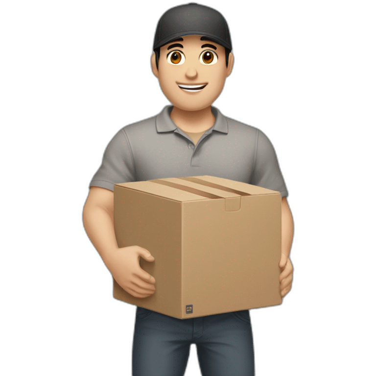 Pale skinned fit Man with black hair in a gray cap and brown polo T-shirt keeping a pasted box into his hands emoji