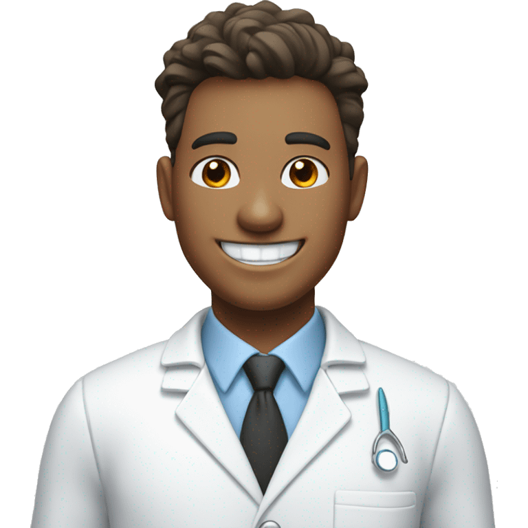 A dentist in a white coat smiles widely with snow-white teeth emoji