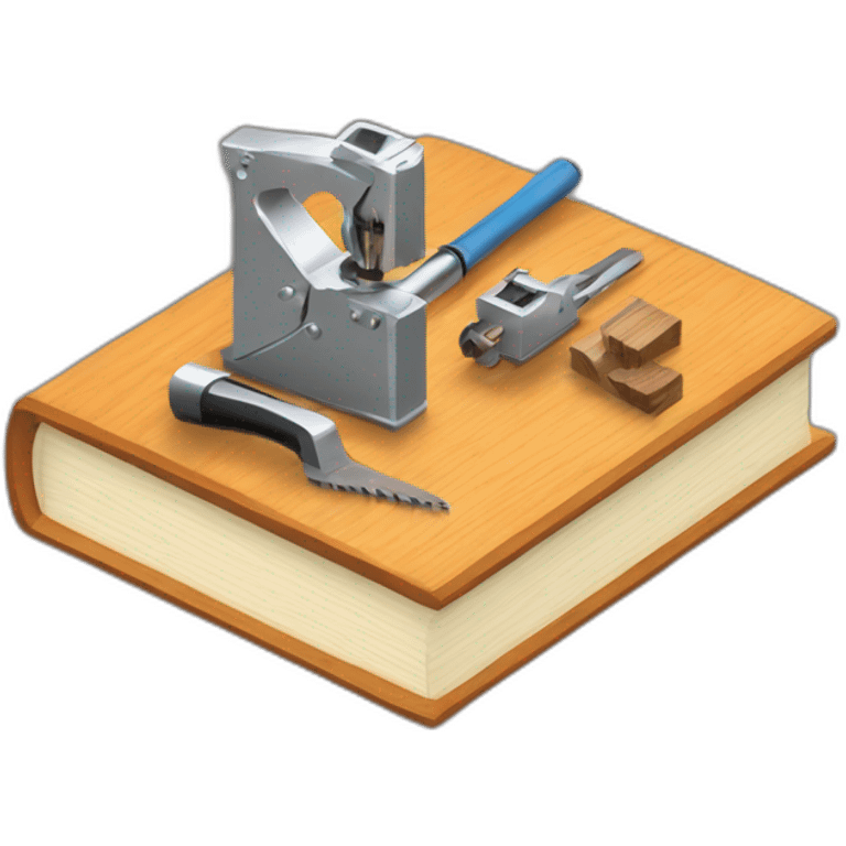 isometric thick BOOK with picture of wood, metal, welder, tools emoji