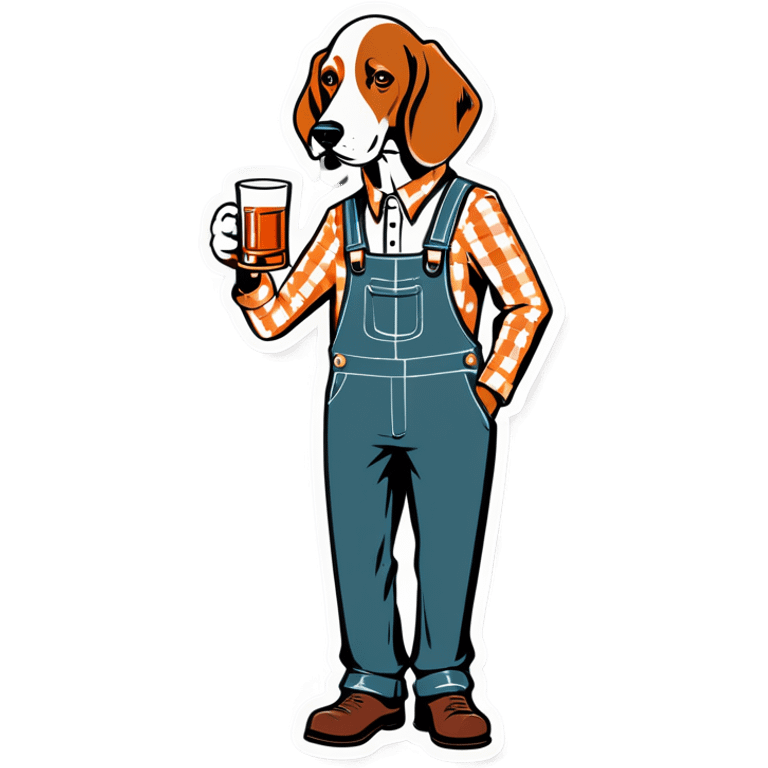 Hound dog in tangerine and white checkered overalls drinking whiskey emoji