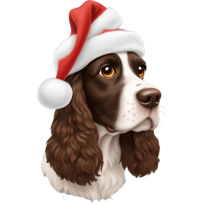 Brown Springer spaniel with a Santa hat emoji