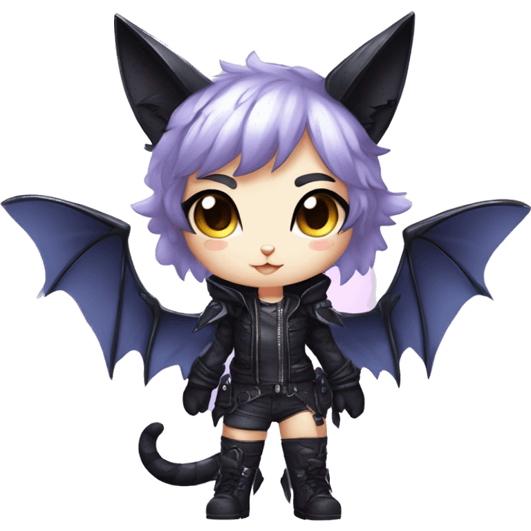 Shiny Chibi Cool Punk Black beautiful fantasy Kawaii Ethereal Sona Fakemon-cat-animal with edgy bat-wings-ears Full Body emoji