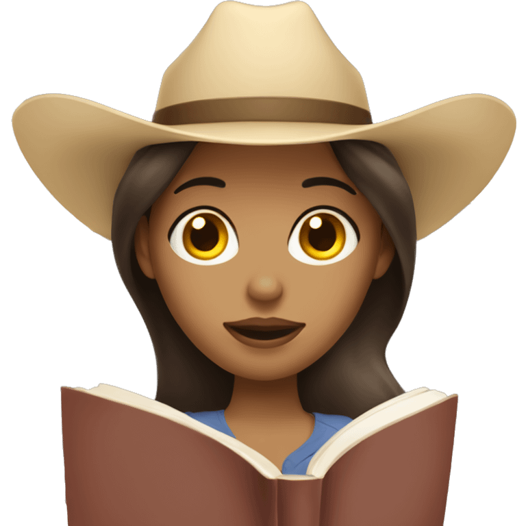 Brunette Woman with light skin & hazel eyes with cowboyhat reading a book emoji