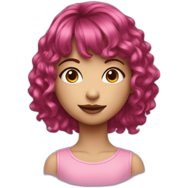 A young girl with dark pink medium length wavy hair and a fringe emoji