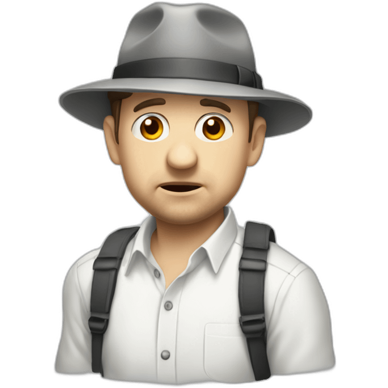 tim robinson wearing a grey fedora white shirt only looking scared and sad facing left - safariflap attached to back of hat emoji