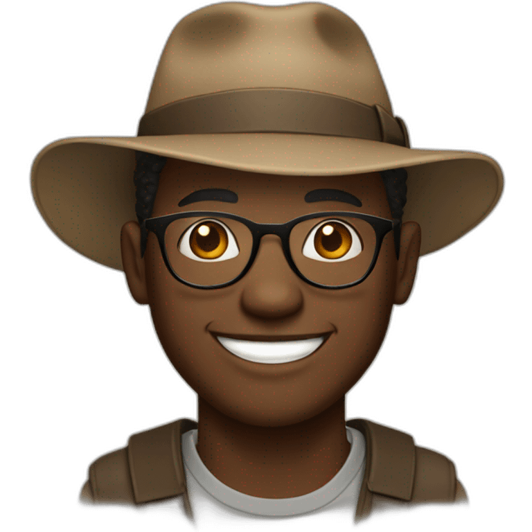 black man with glasses, smiling,wearing a round, brown hat  emoji