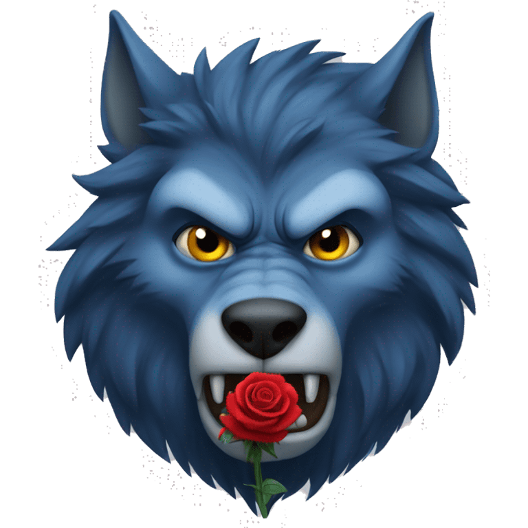 depressed blue werewolf, with a serious face, holding a rose in his mouth emoji