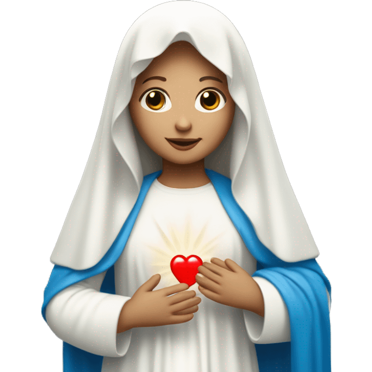 blessed virgin mary white skin with blue veil with white clothes holding a red heart in her hands emoji