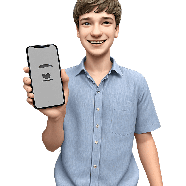 smiling boy with phone emoji