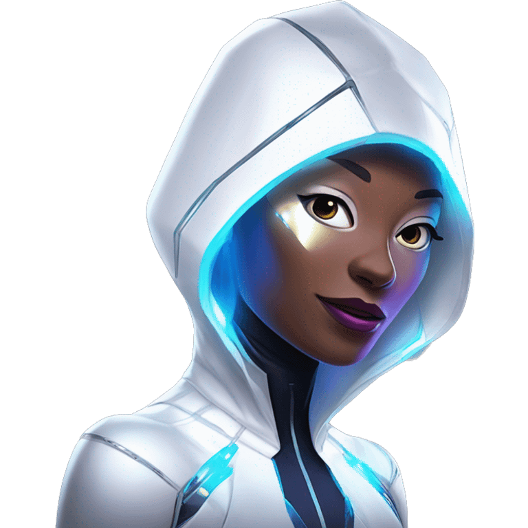 Android Spider-Gwen wearing a sleek, futuristic suit with metallic accents, glowing circuitry, and a holographic hood over her head emoji