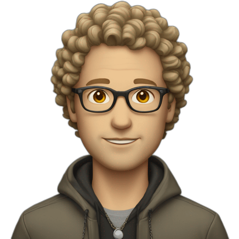 white man with curly hair, glasses, a jacket and a necklace emoji