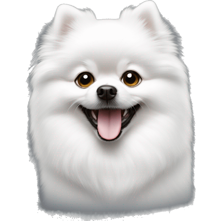 Most pure White small pomeranian with dark black eye, smile emoji