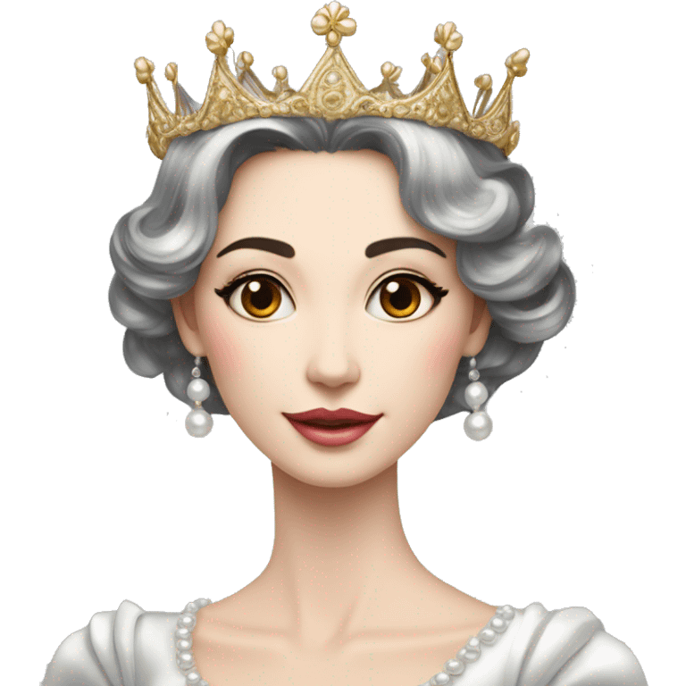 Regal pretty slender middle age woman photograph defined cheekbones high cheekbones crown vintage with very long iridescent black and silver hair wavy long hair pearl crown iridescent emoji