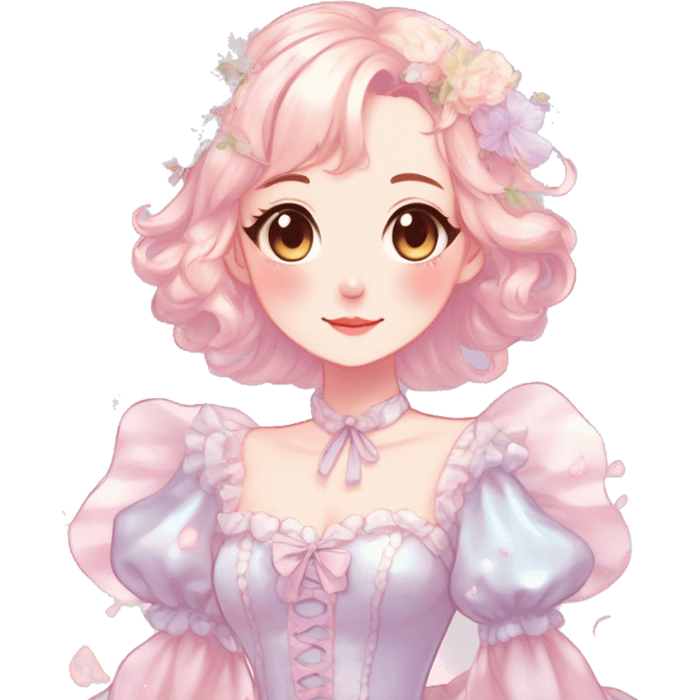 Gorgeous pastel anime style lady with blushing face with flower petals around cute dress  cottagecore fairycore pastelcore shiny colorful pearly petite simplistic aesthetic trending style emoji