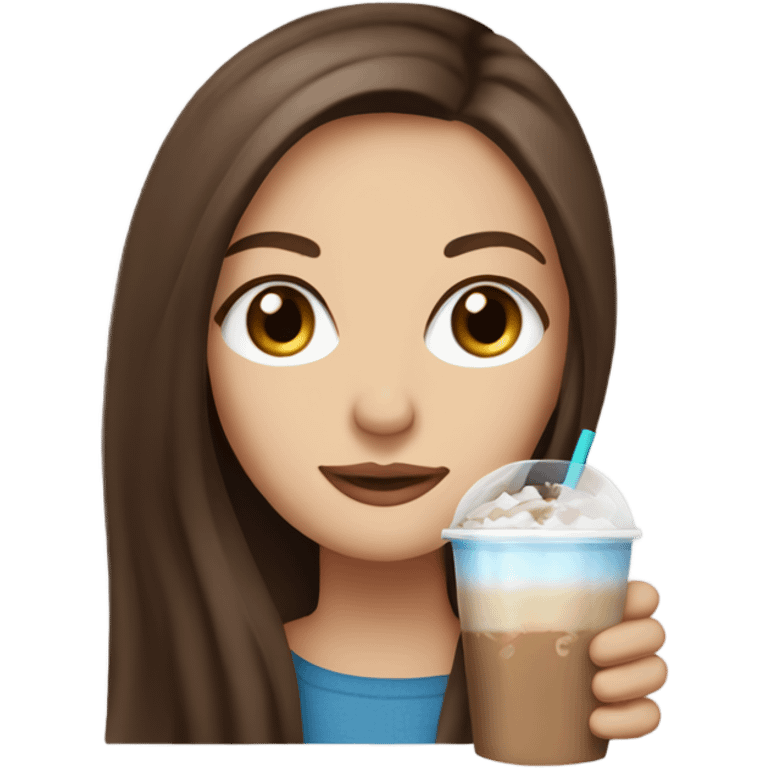 Beautiful woman, long straight brown hair, blue eyes, holding an iced latte emoji