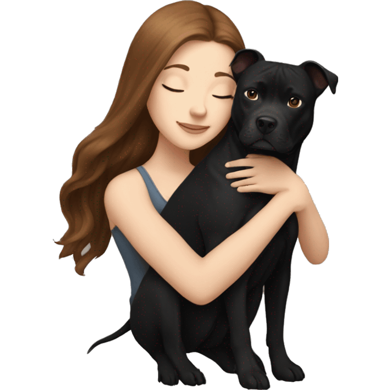 white girl with long brown hair hugging black pitbull emoji