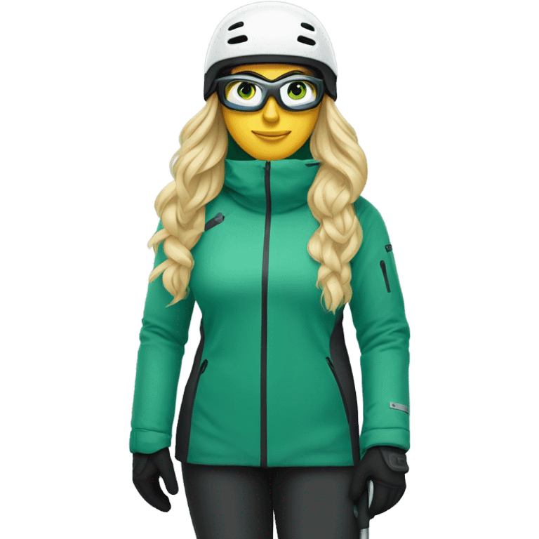 Green-eyed, fat female skier with long straight blonde hair, glasses, white ski helmet, grey snow jacket, long black pants, black only snow boots standing tall. emoji