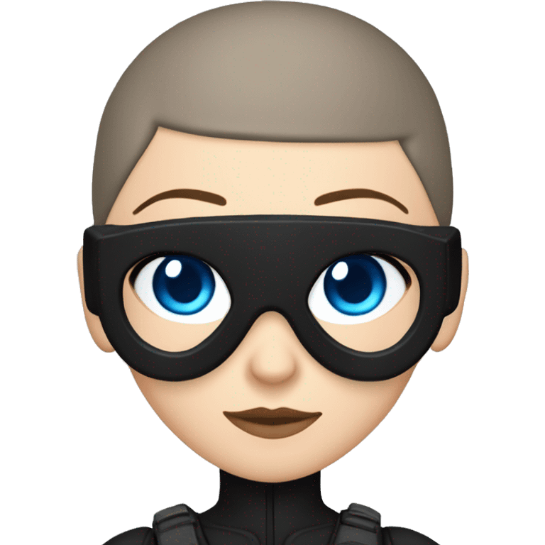 white girl, blue eyes, buzzcut hair, all black ninja outfit, drone goggles on top of head emoji