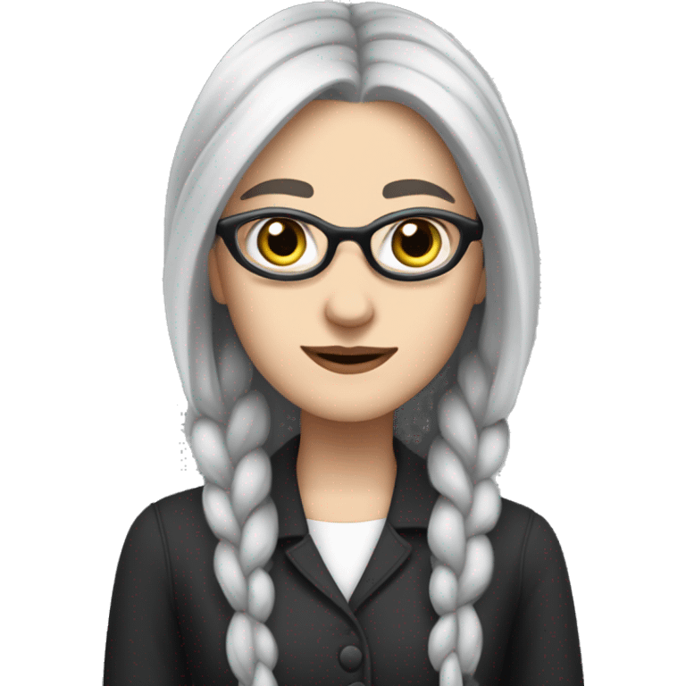 Attractive Caucasian woman with long straight grey hair worn in a braid, she has brown eyes, and is wearing wire frame glasses, looks goth emoji