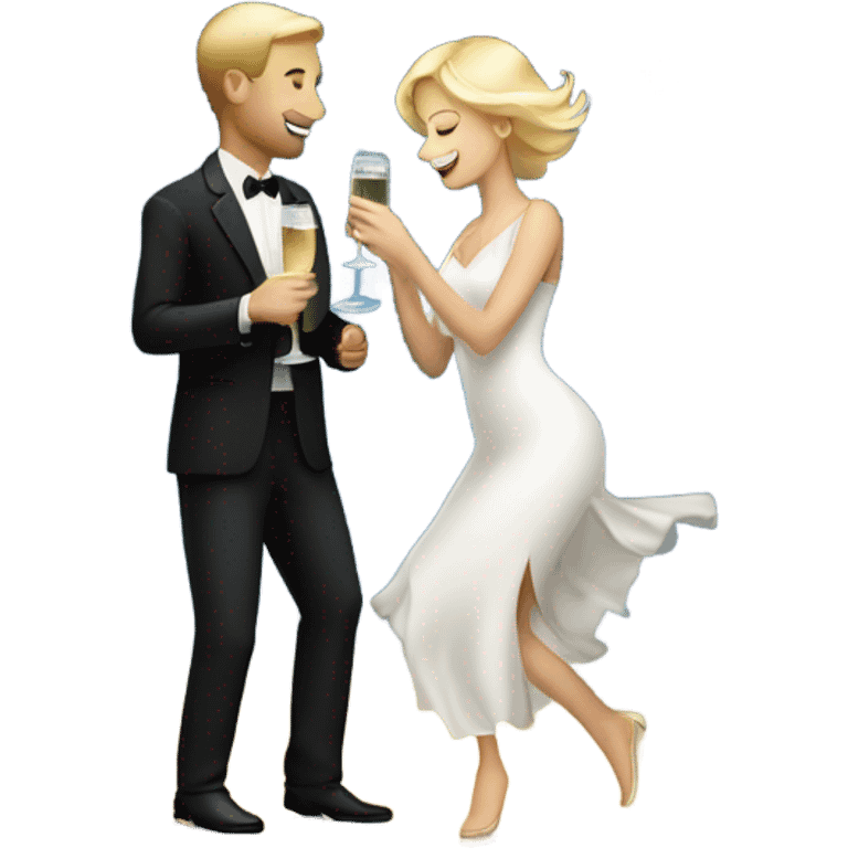 A white man and a blonde woman dansing with a cup of champagne by night emoji